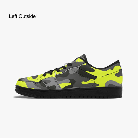 Camo Sneakers | Black Yellow Low-Top Leather Camouflage Shoes