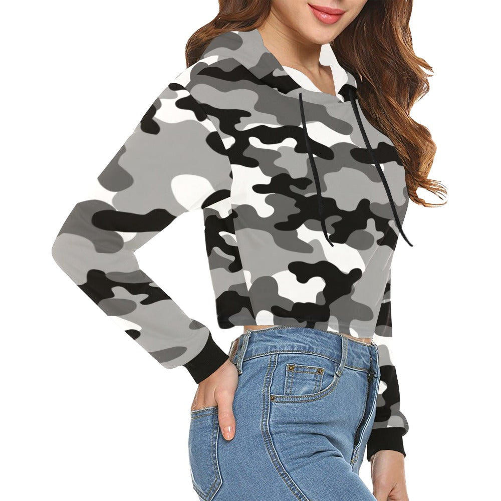 Cropped Camo Hoodie | Tight Fit | White, Black, and Gray Camouflage