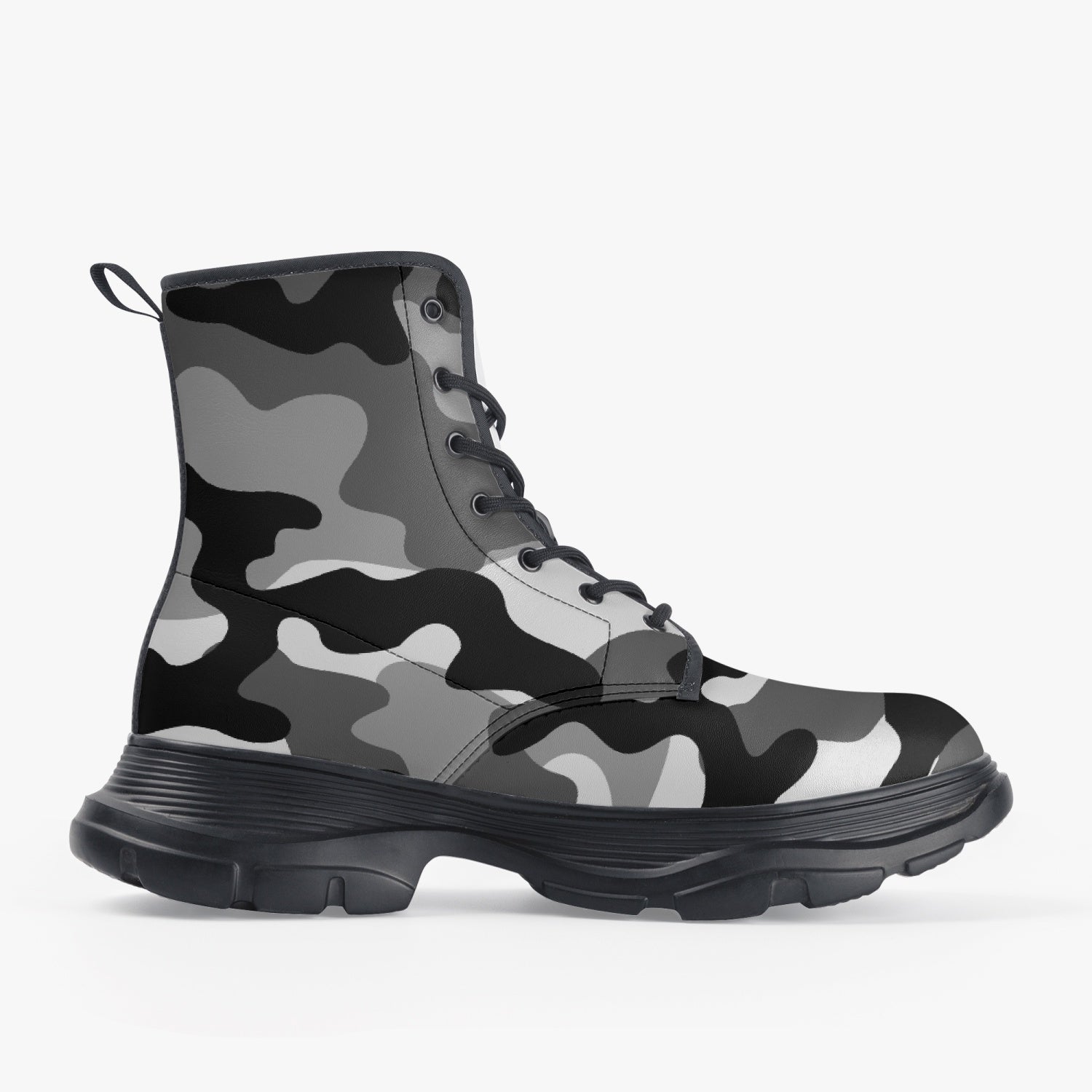 Chunky Boots | Leather in Gray, Black, & White Camouflage