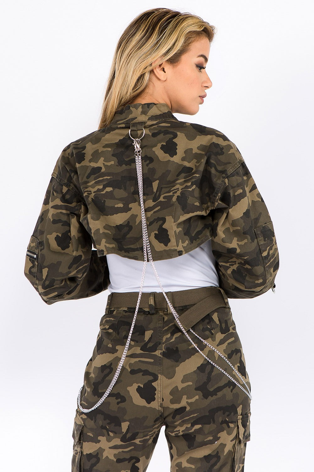 American Bazi Camo Cropped Jacket with Chains