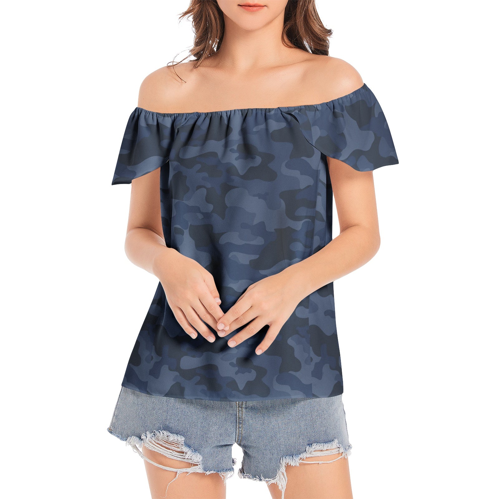 Off The Shoulder Camo Top | Deep Blue Camouflage