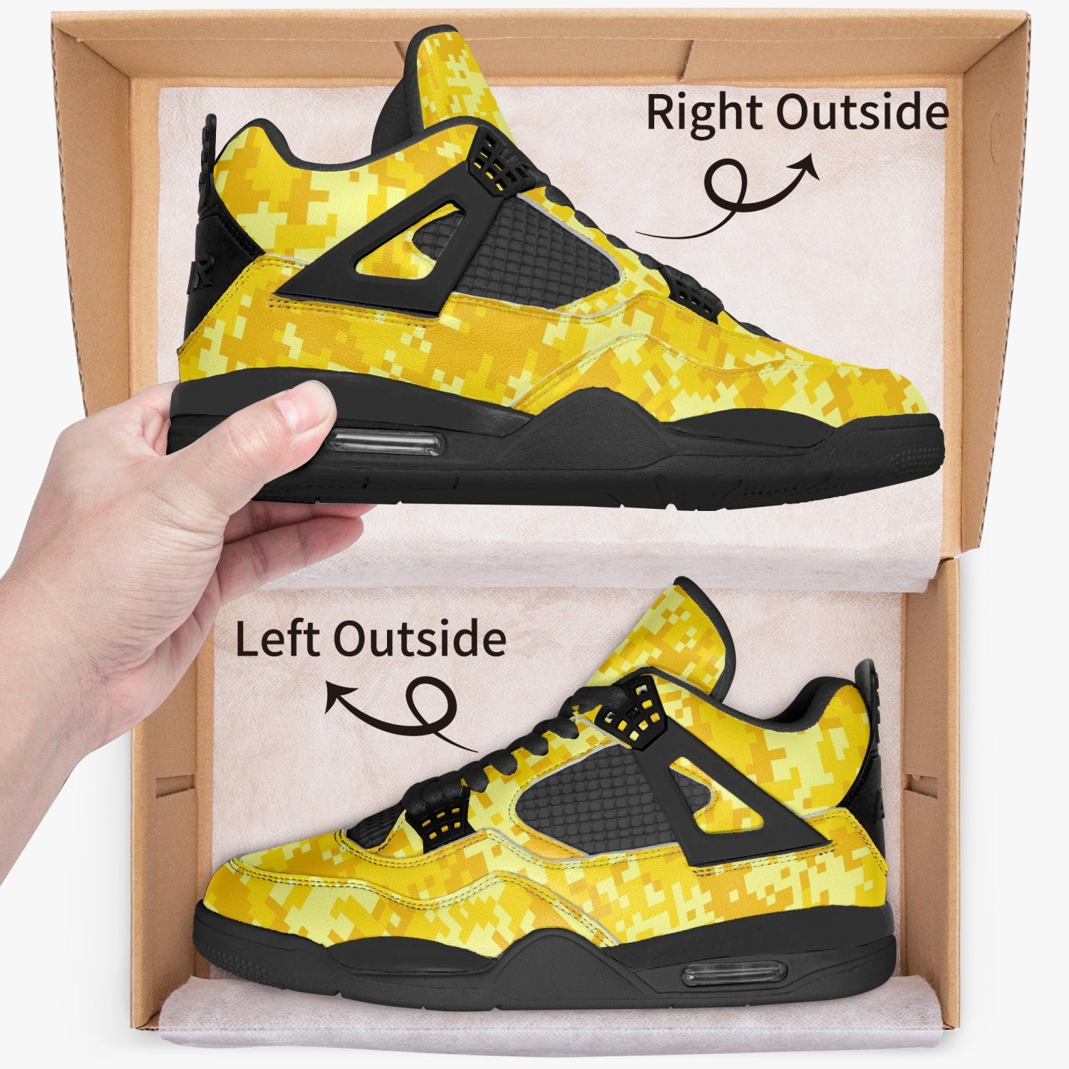 Yellow Camo Jordans AJ4 | Digital Pixel Camouflage