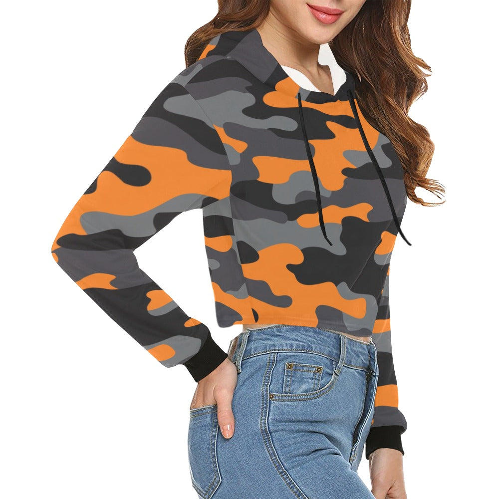 Cropped Camo Hoodie | Tight Fit | Orange, Black, and Gray Camouflage