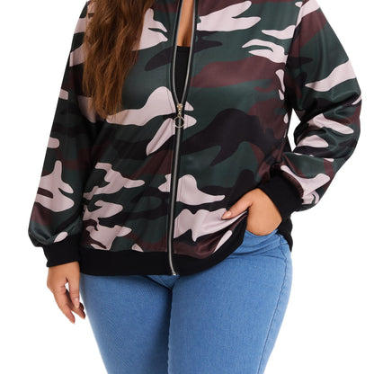 Plus Size Camo Coat | Casual Long Sleeves with Zipper