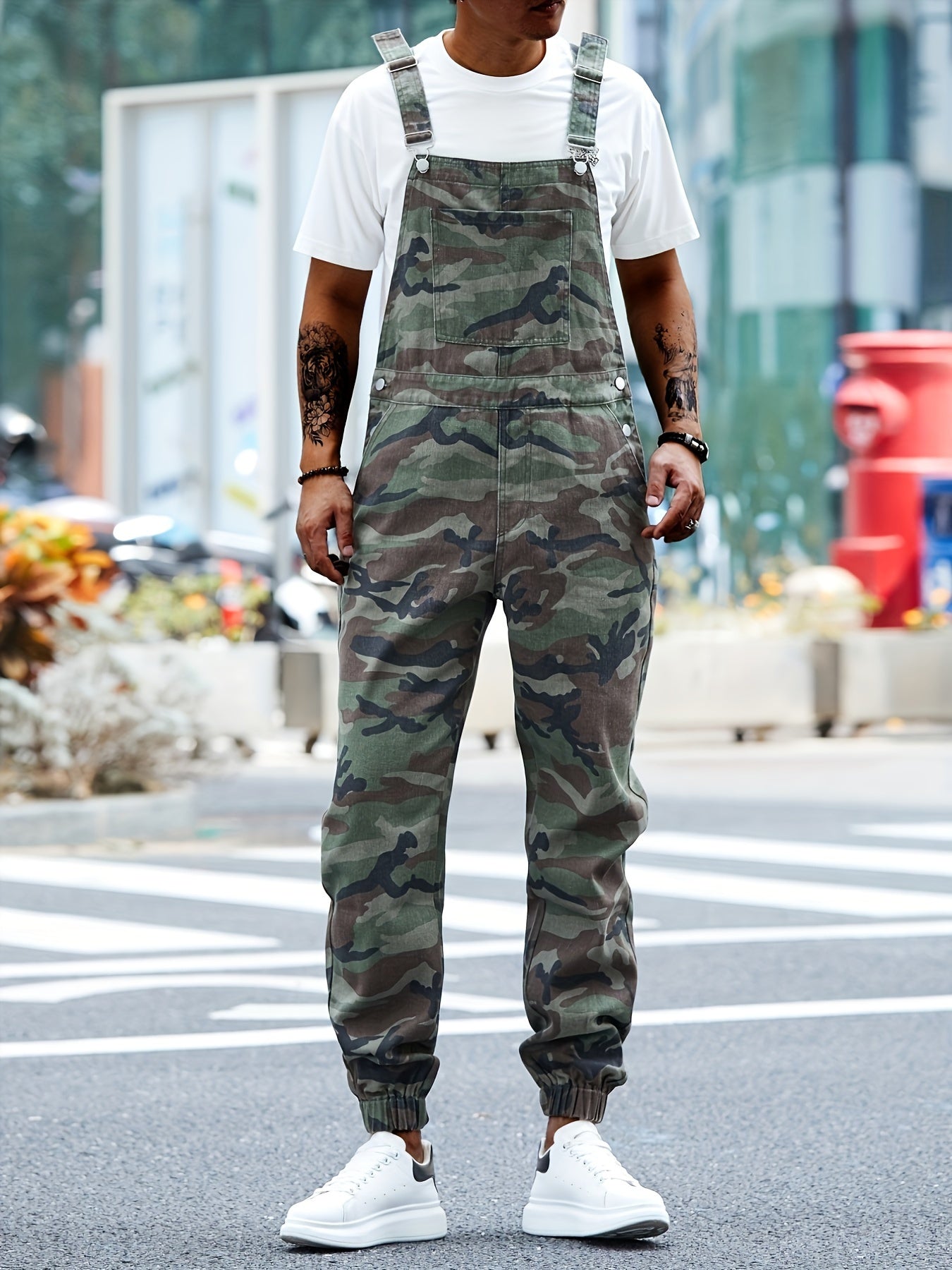 Men's Olive Green Camo Denim Bib Overalls with Pockets