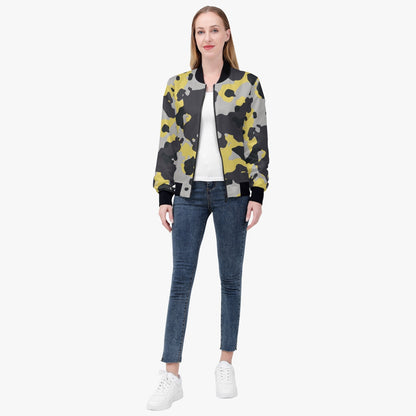 Women's Camo Bomber Jacket | Yellow, Black and Silver Camouflage