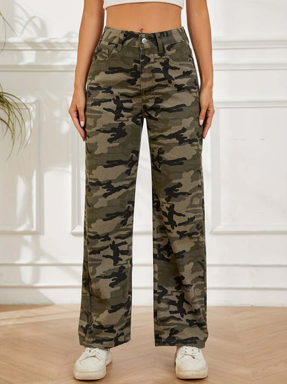 Camo Straight Leg Denim Pants | High Waist Military Casual Wide Leg Jeans