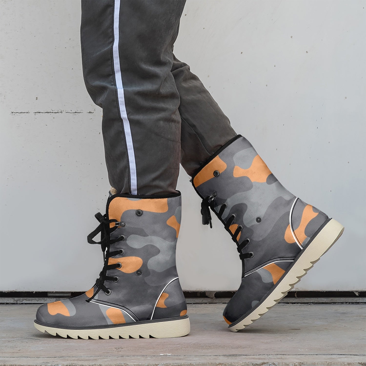 Camo Boots | Orange, Black & Gray Cotton-Pad Fur Lining