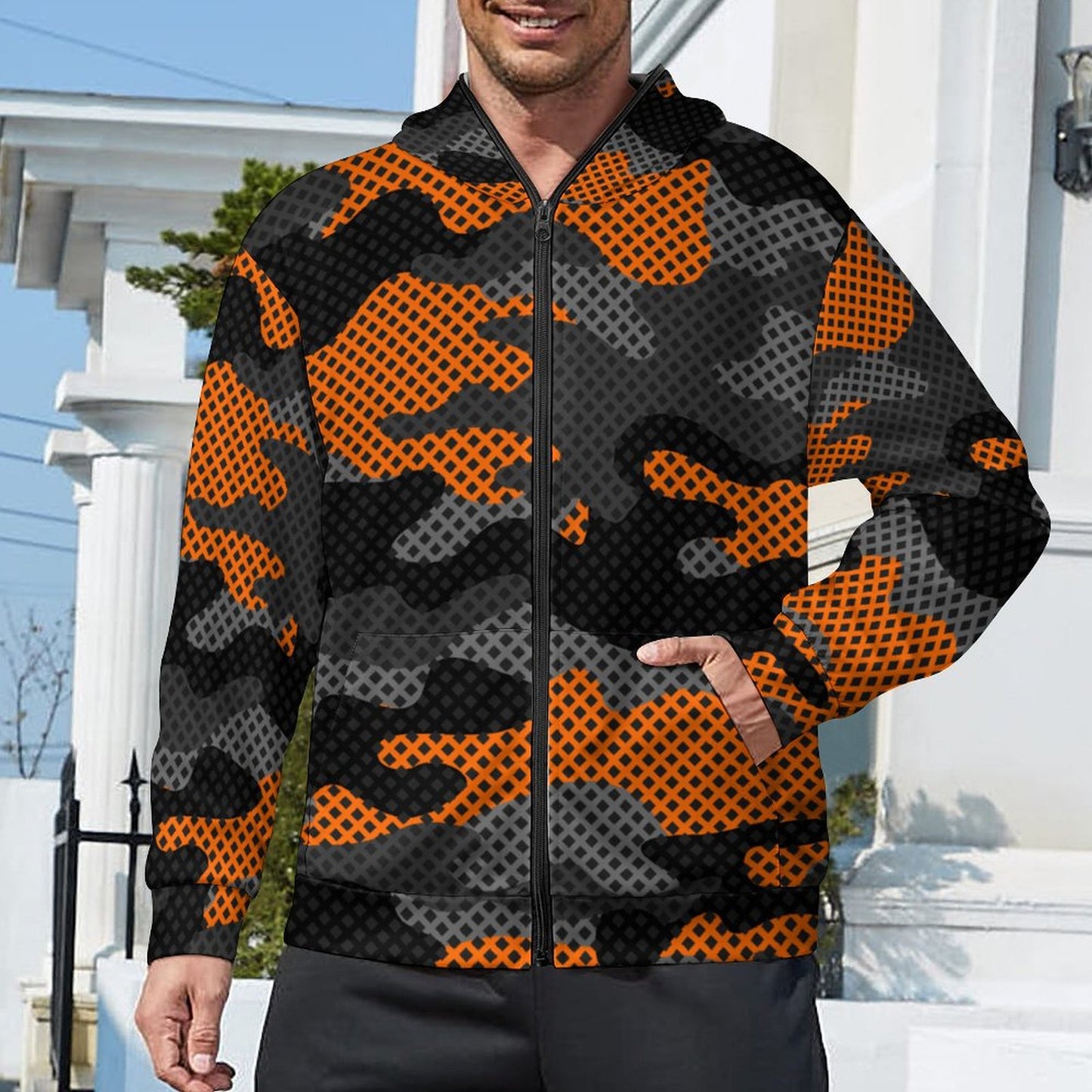 Zip up Camo Hoodie | Black & Orange Pixel Camouflage