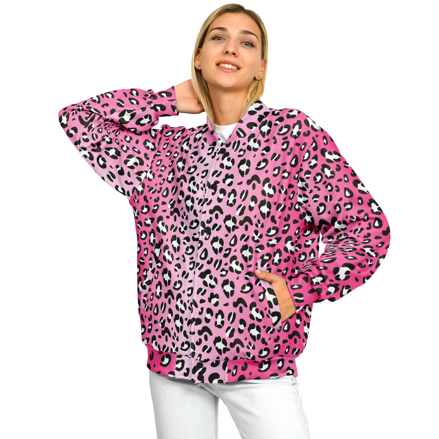 Baseball Jacket in Pink, Black & White Leopard Pattern