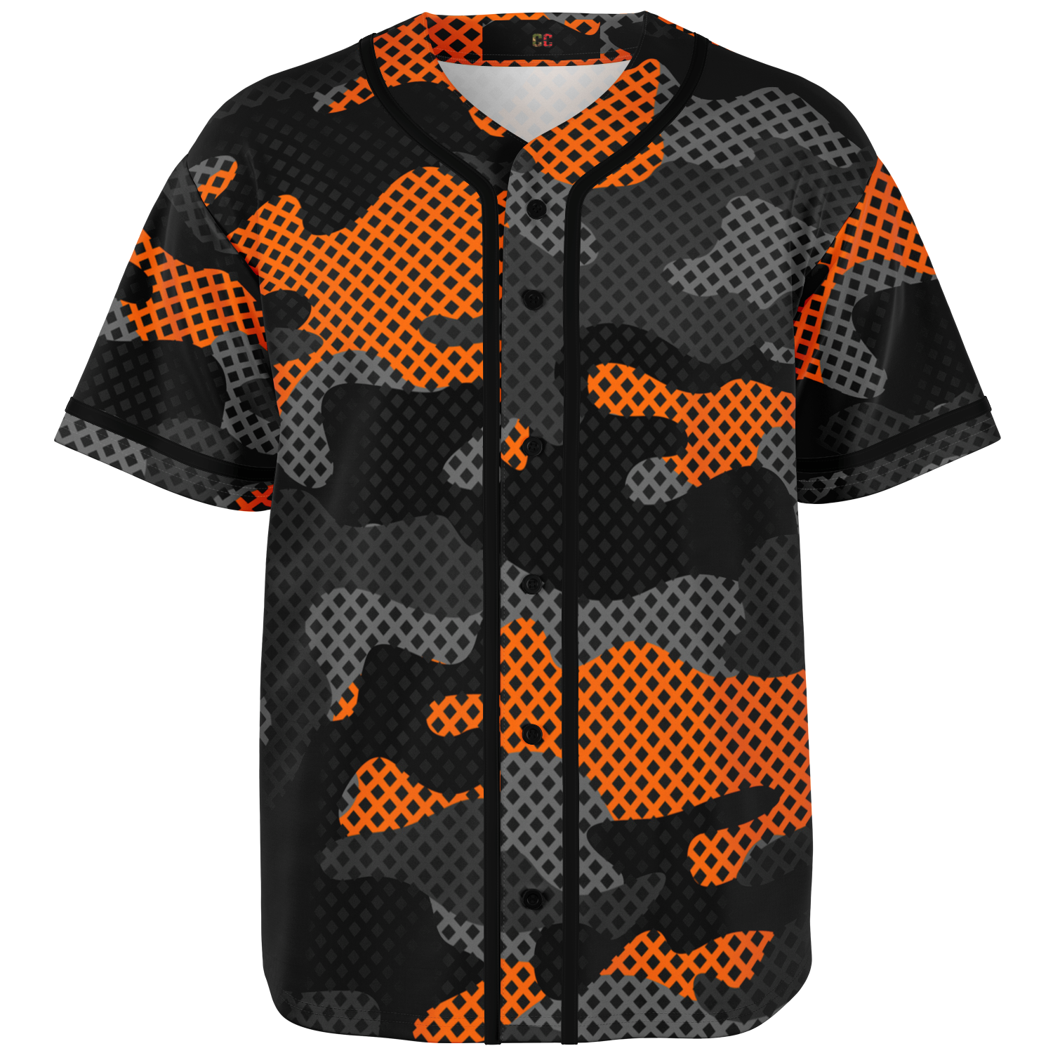 Camo Baseball Jersey | Black & Orange Pixel Camouflage