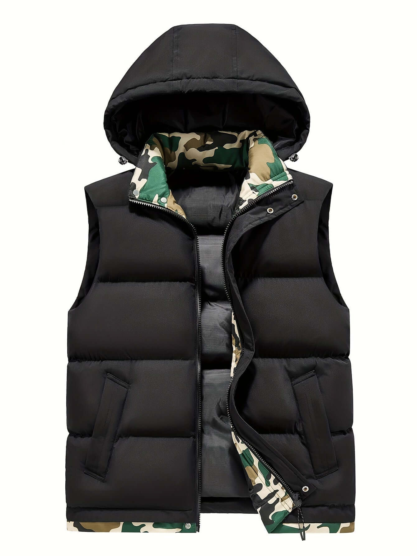 Men's Fleece-Lined Hooded Vest | Stylish Black and Camo Collar