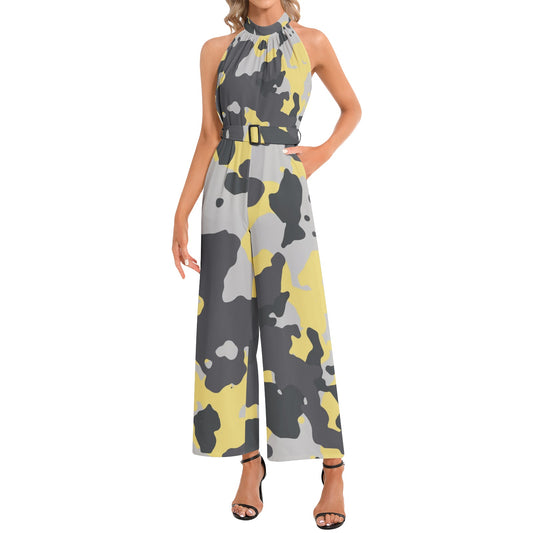 Camo Jumpsuit | Belted Halter Neck | Yellow, Black and Silver