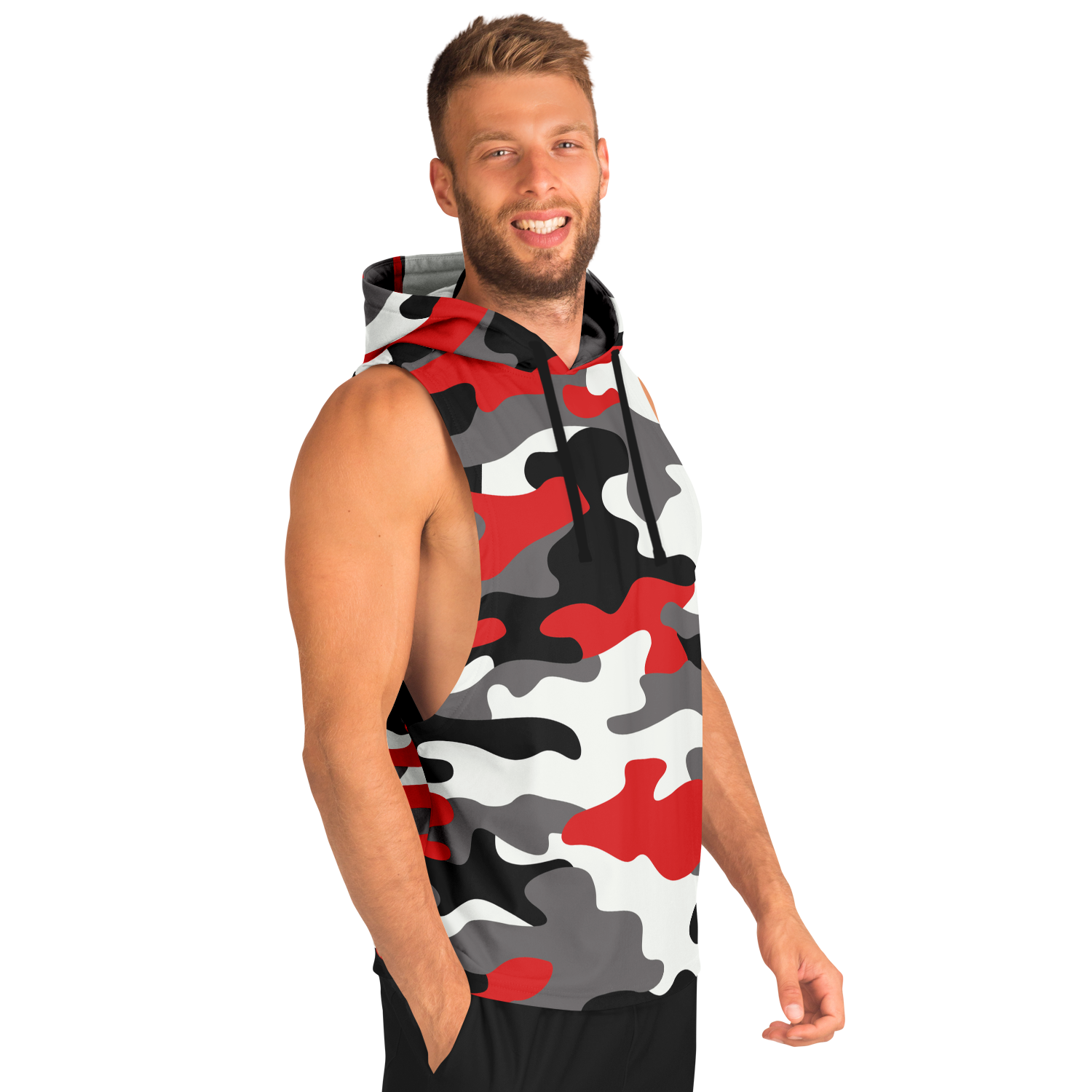 Sleeveless Hoodie | Red, Black & White Camouflage