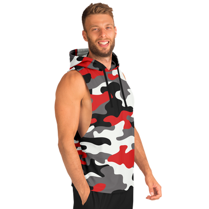 Sleeveless Hoodie | Red, Black & White Camouflage