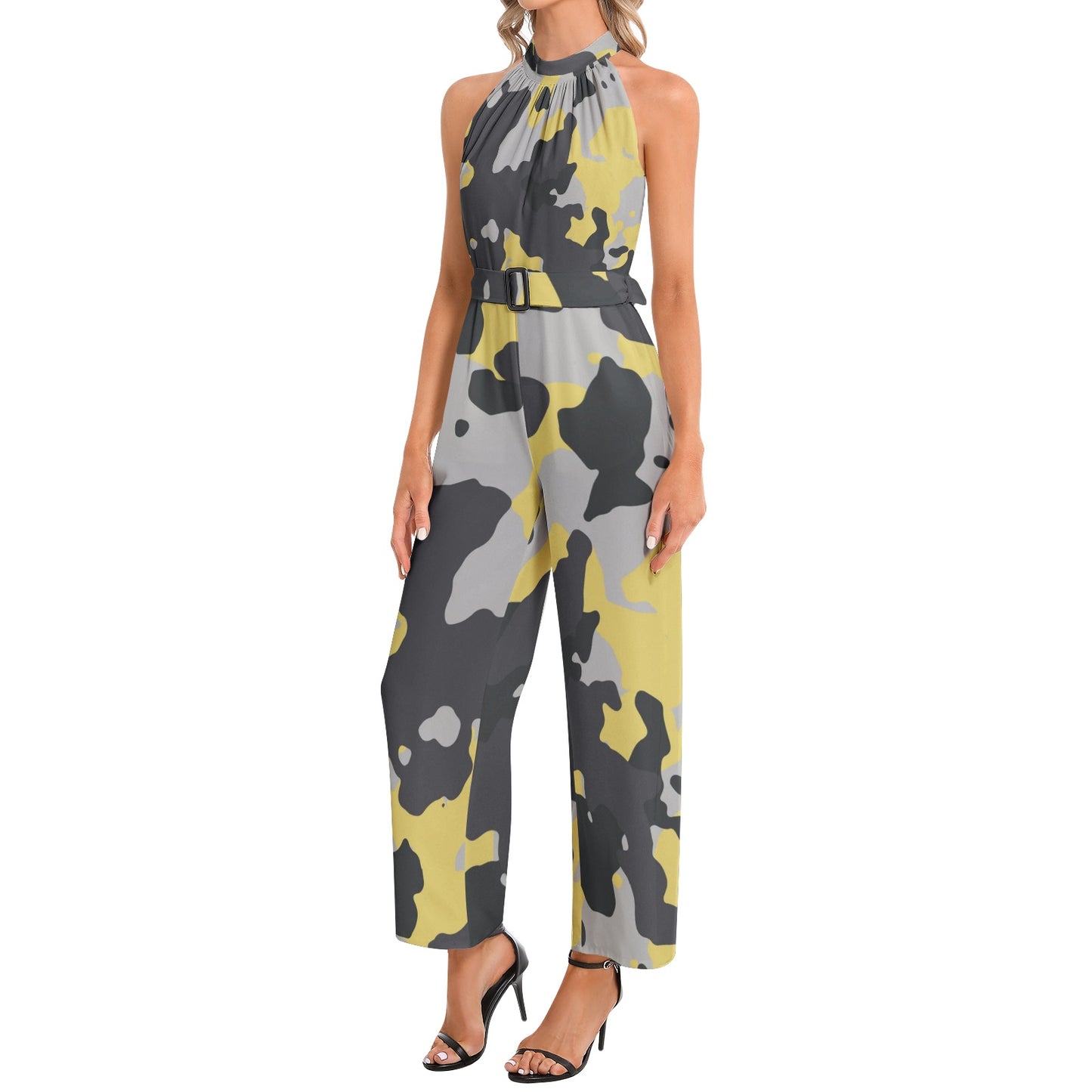 Camo Jumpsuit | Belted Halter Neck | Yellow, Black and Silver