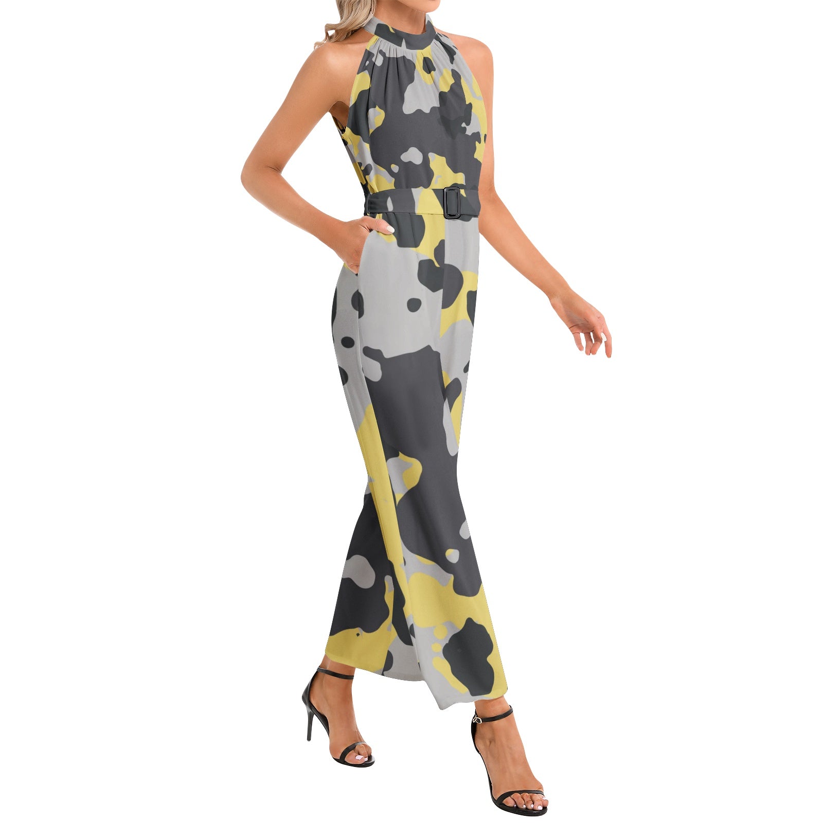 Camo Jumpsuit | Belted Halter Neck | Yellow, Black and Silver