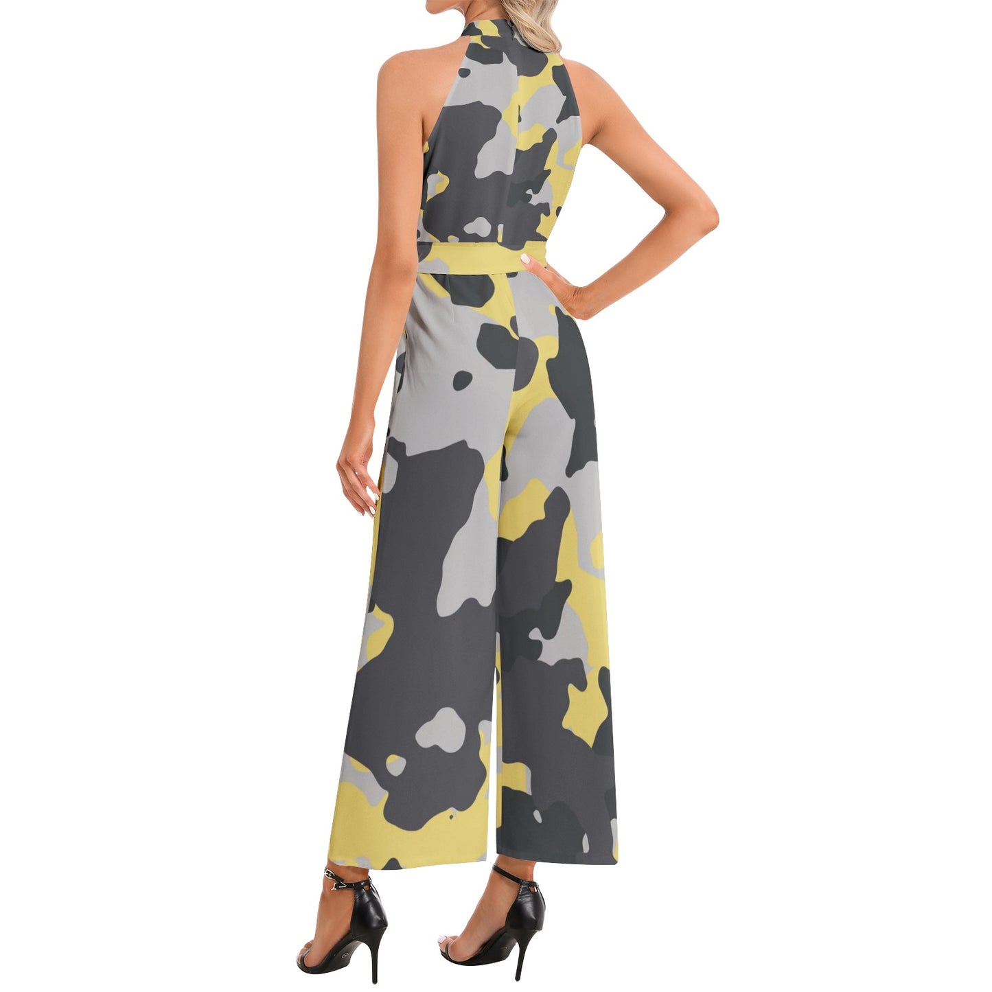 Camo Jumpsuit | Belted Halter Neck | Yellow, Black and Silver