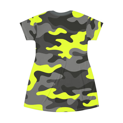 Camo T-Shirt Dress | Yellow, Black, and Gray