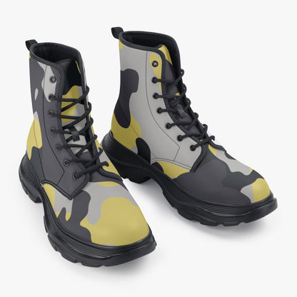 Chunky Boots | Leather in Yellow, Black & Silver Camouflage