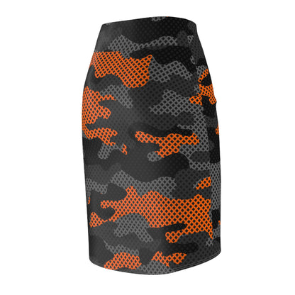 Camo Mini Skirt | Pencil Cut | Black & Orange Pixel Pattern