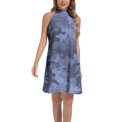 Flared Camo Dress | Halter Neck | Denim Blue Camouflage