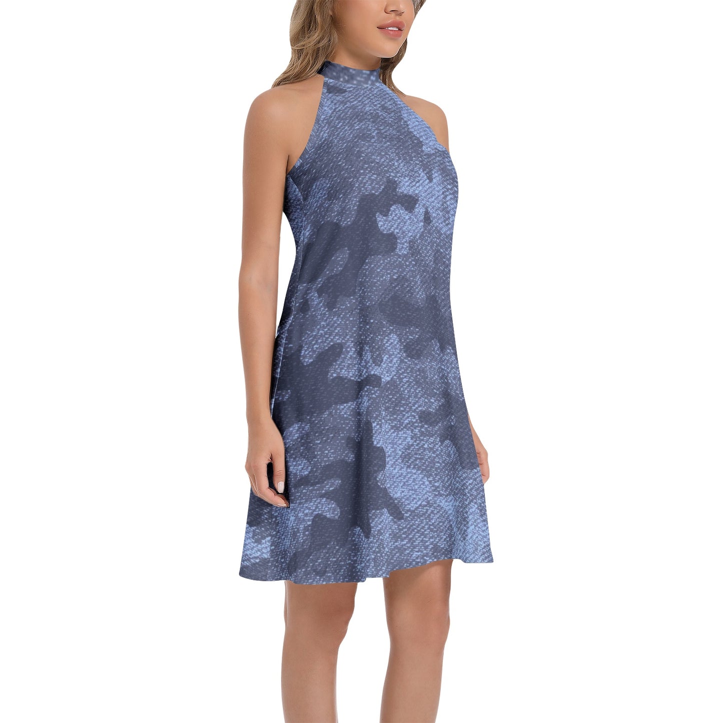 Flared Camo Dress | Halter Neck | Denim Blue Camouflage