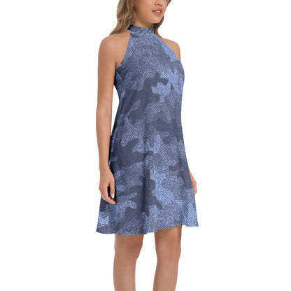 Flared Camo Dress | Halter Neck | Denim Blue Camouflage