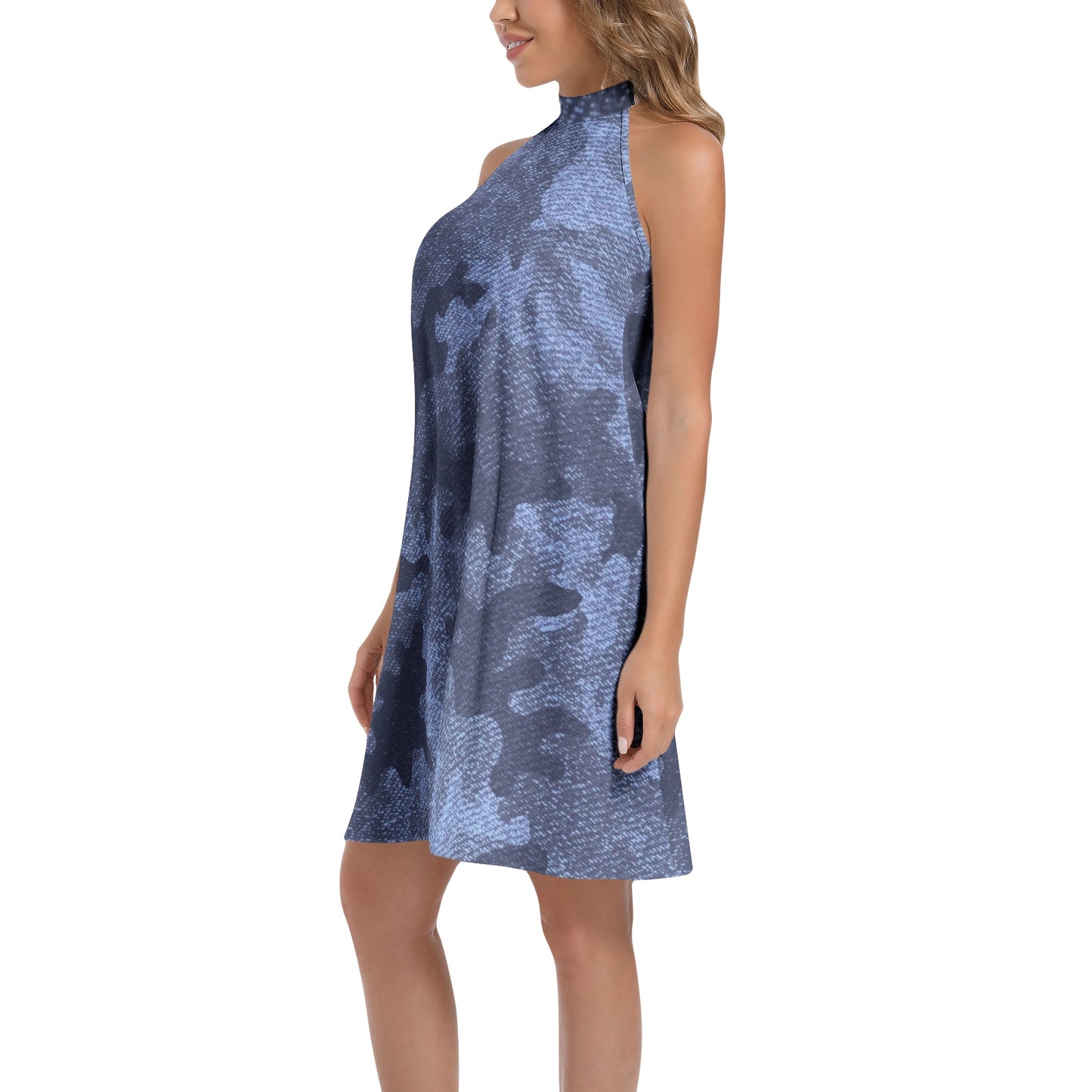 Flared Camo Dress | Halter Neck | Denim Blue Camouflage