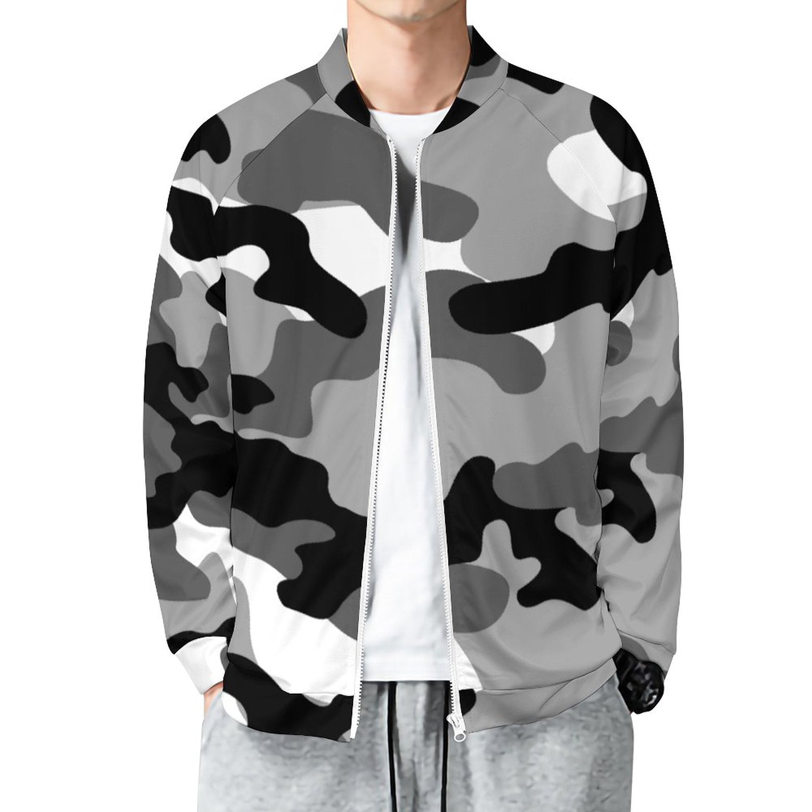 Camo Shirt | Raglan Zip-up | Gray, Black, and White