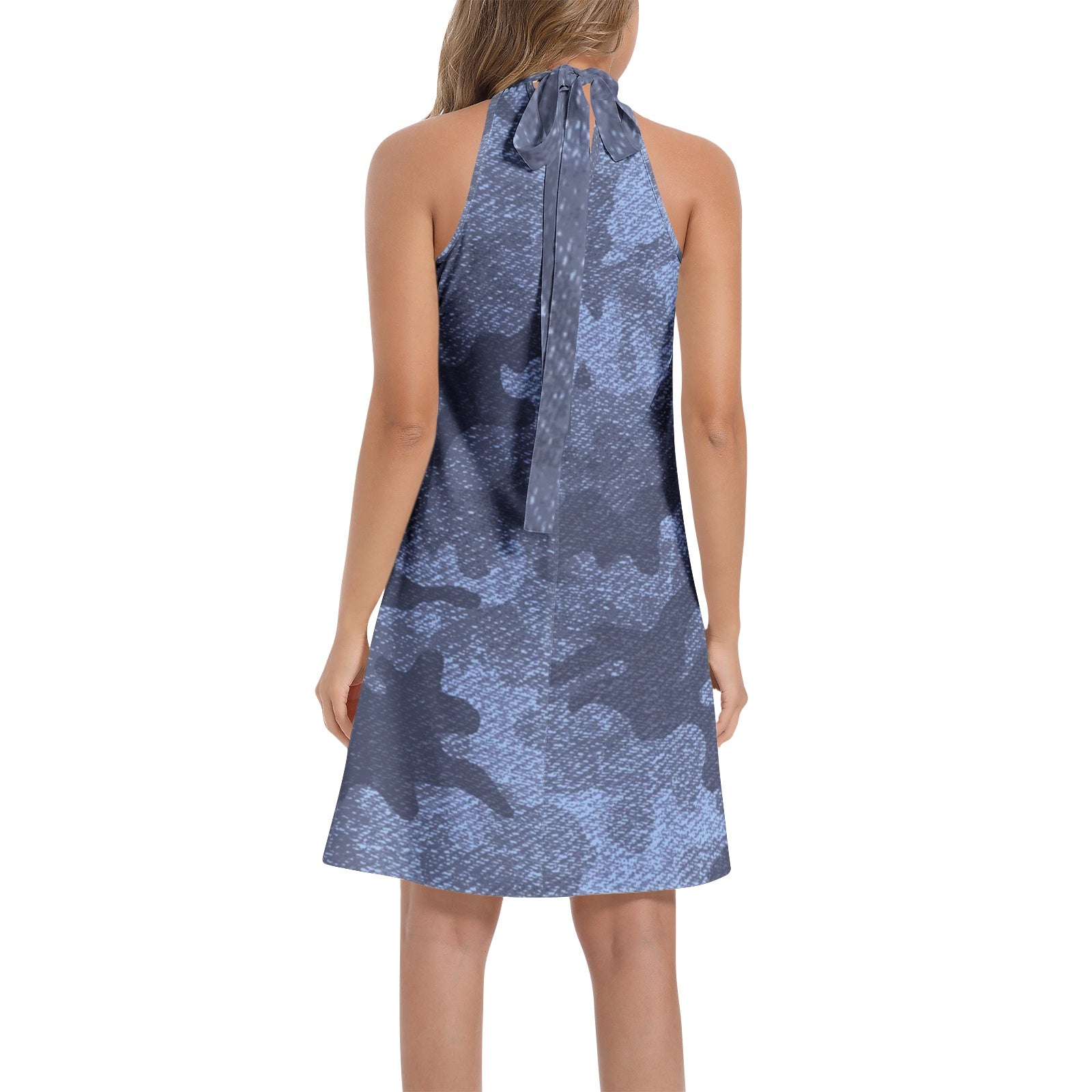 Flared Camo Dress | Halter Neck | Denim Blue Camouflage