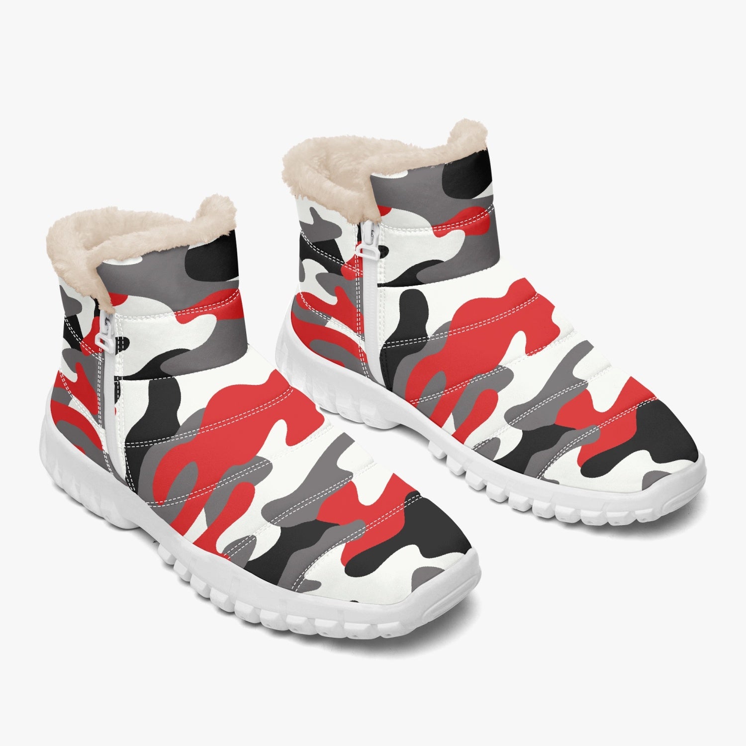 Camo Boots | Cotton-pad Fur Zipper Up | Red, Black and White