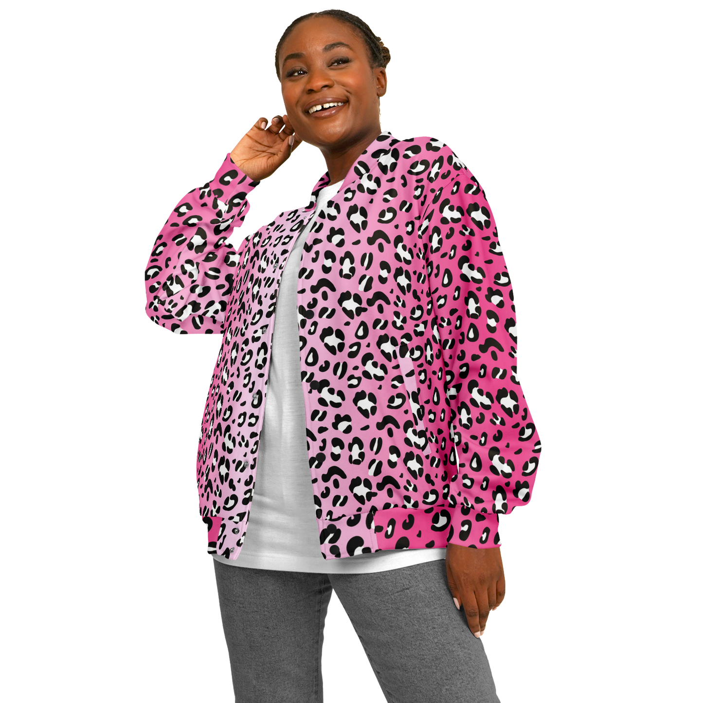 Baseball Jacket in Pink, Black & White Leopard Pattern