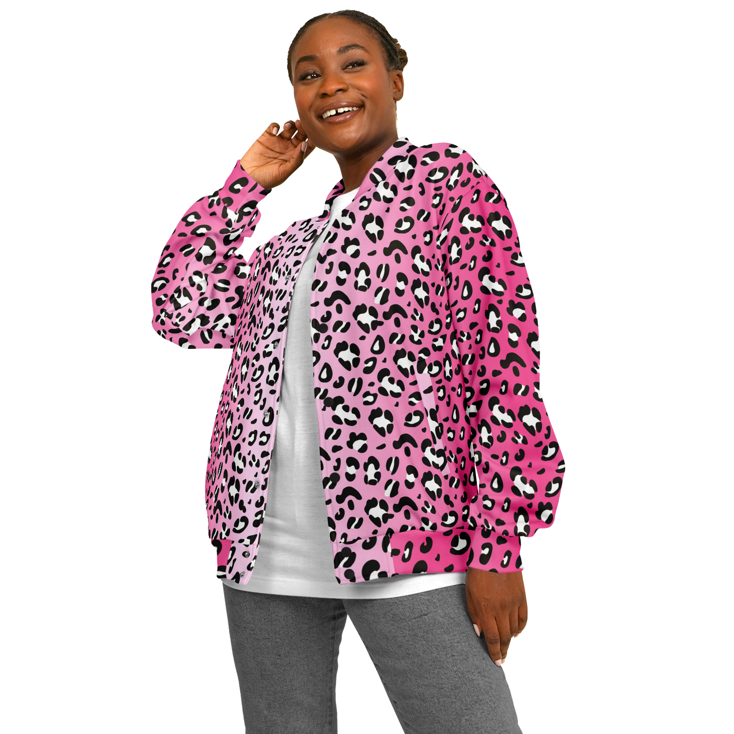 Baseball Jacket in Pink, Black & White Leopard Pattern