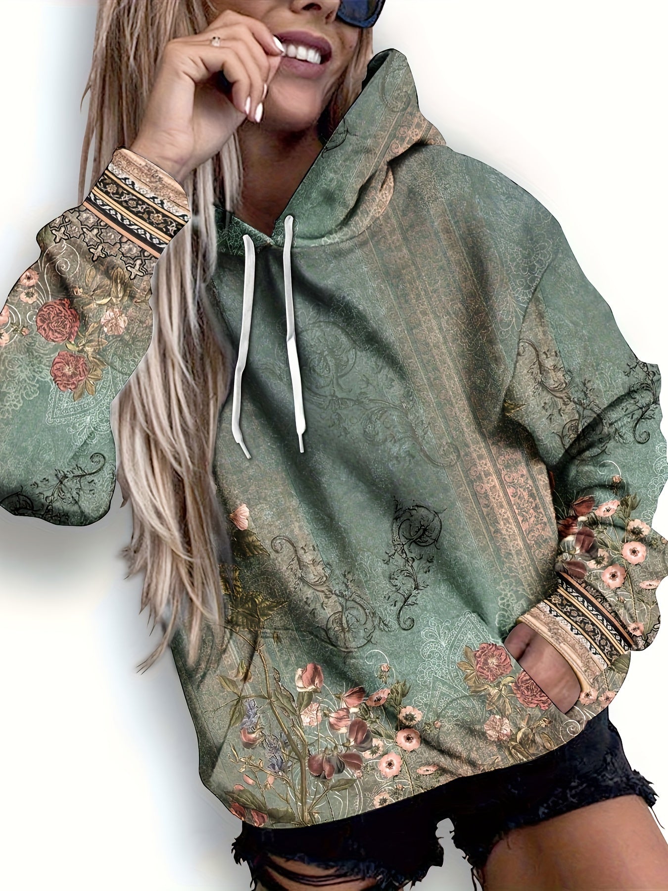 Women's Floral Print Hoodie | Casual Drop Shoulder Long Sleeves