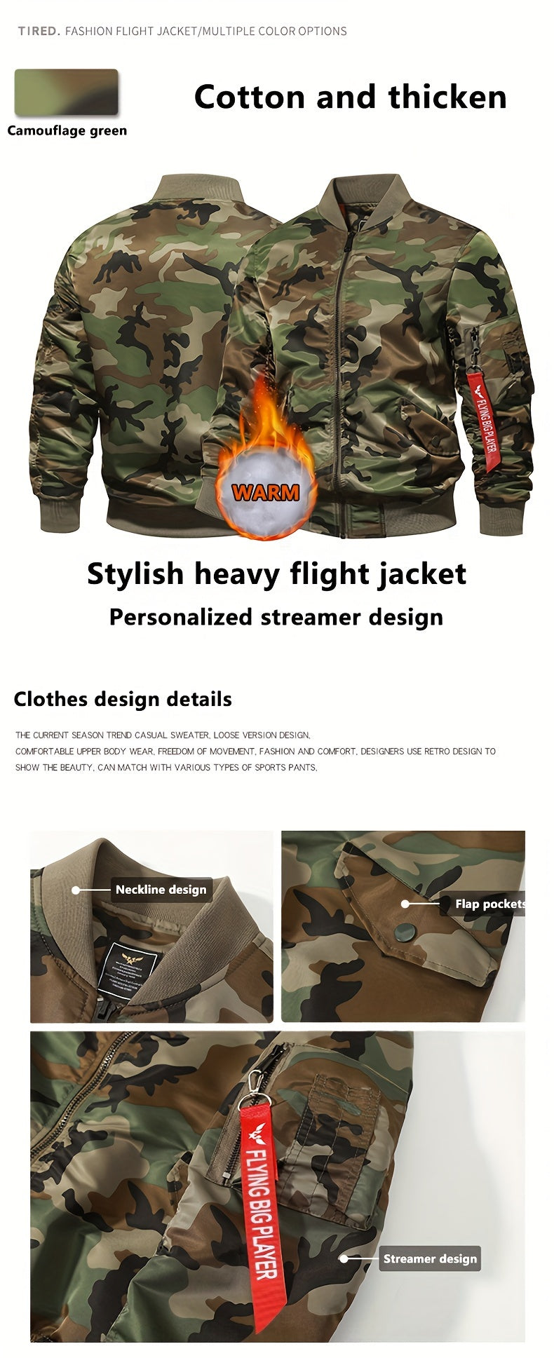 Camo Bomber Jacket with Baseball Collar & Pockets