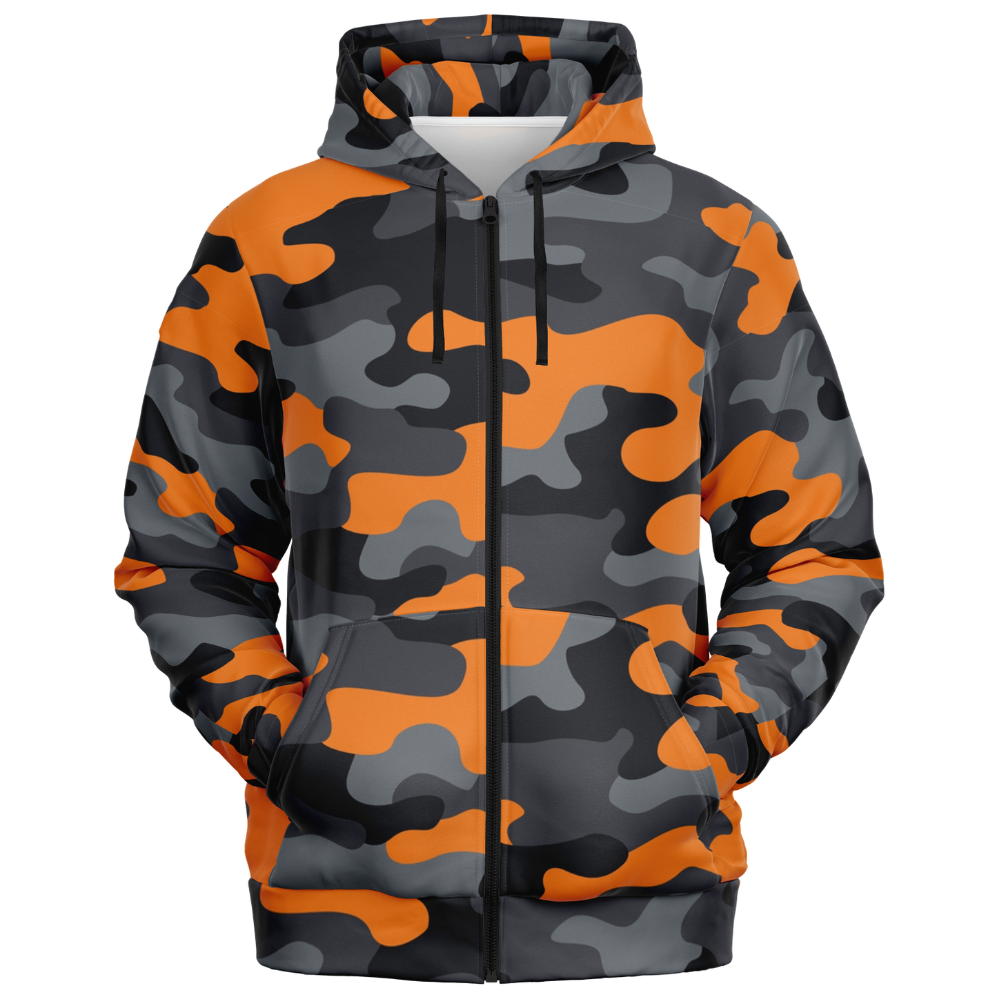 Zip-Up Hoodie | Orange, Black, and Gray Camouflage