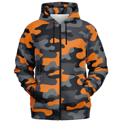 Zip-Up Hoodie | Orange, Black, and Gray Camouflage