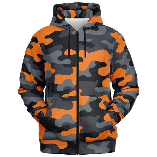 Zip-Up Hoodie | Orange, Black, and Gray Camouflage