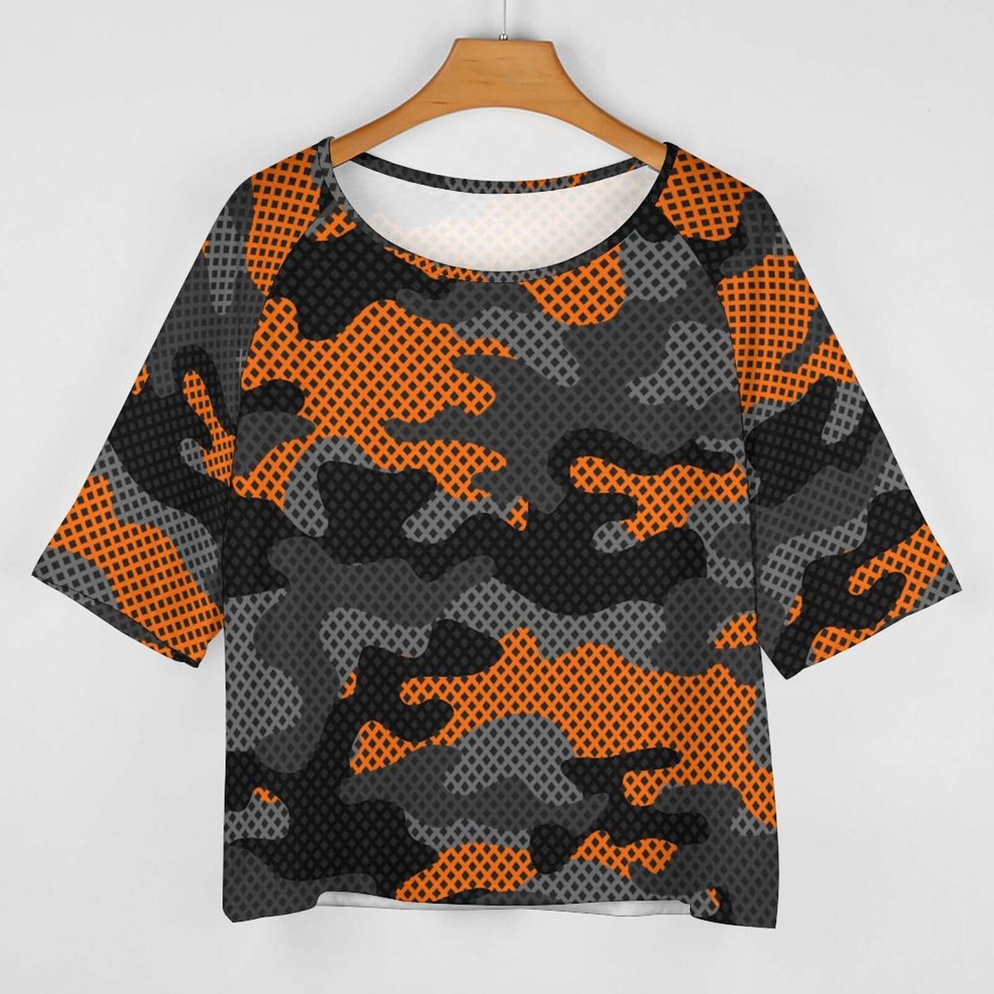 Off The Shoulder Top | Black & Orange Pixel Camo Shirt