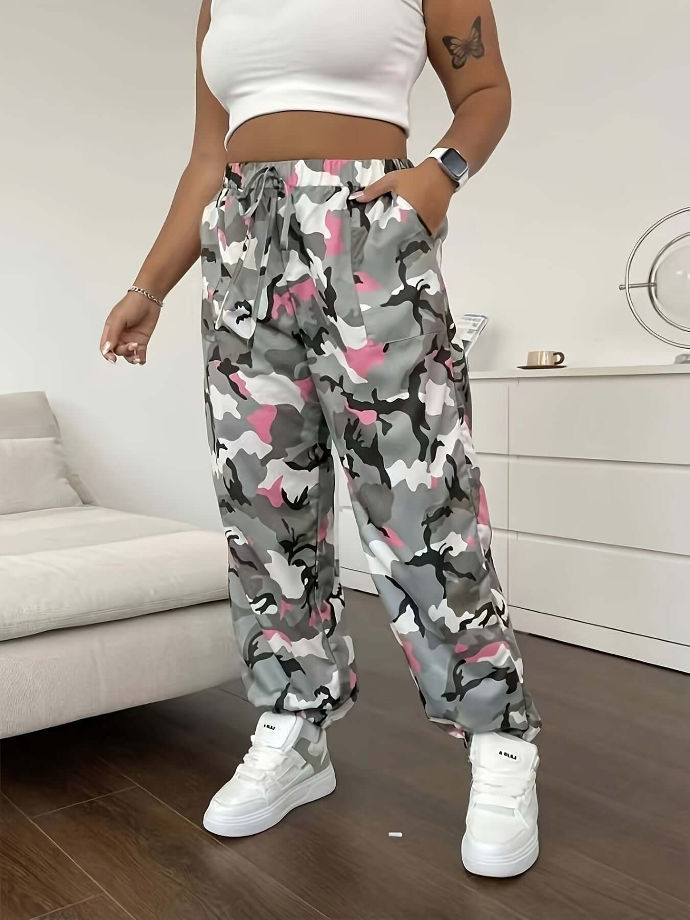 Plus Size Camo Sports Pants with Pockets | Cargo Trousers