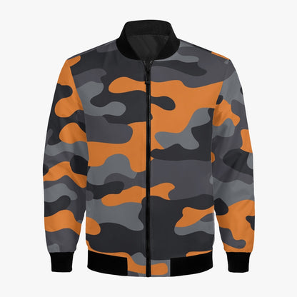 Women's Camo Bomber Jacket | Orange, Black, and Gray Camouflage