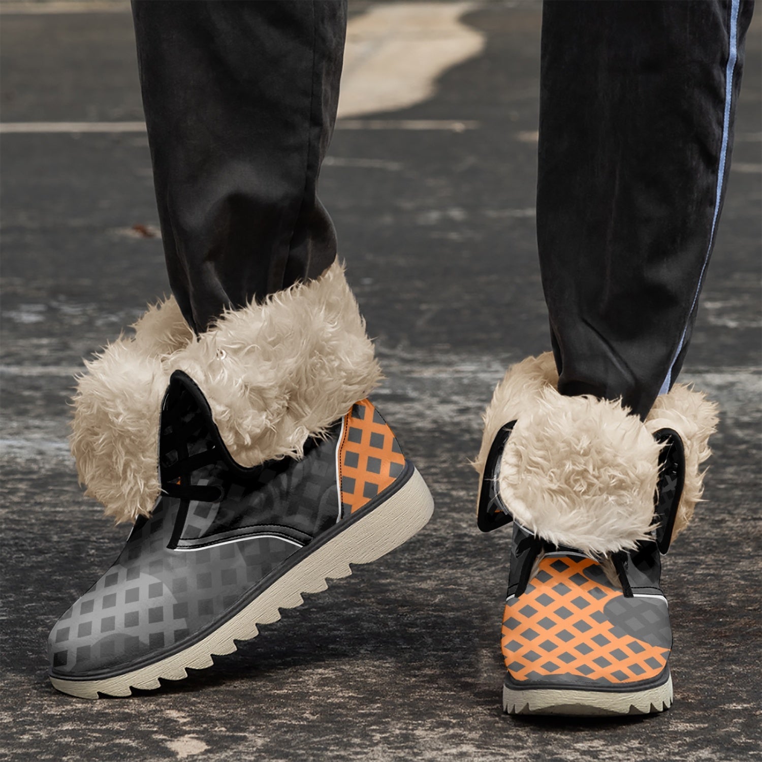 Camo Boots | Black & Orange Pixel Cotton-Pad Fur Lining