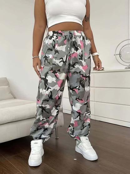 Plus Size Camo Sports Pants with Pockets | Cargo Trousers