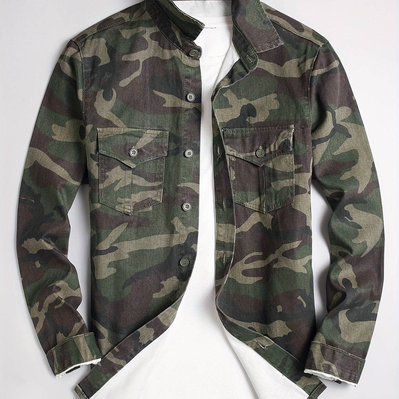 Men's Slim Fit Camo Denim Shirt | 100% Cotton Casual Jacket with Lapel Collar