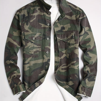 Men's Slim Fit Camo Denim Shirt | 100% Cotton Casual Jacket with Lapel Collar