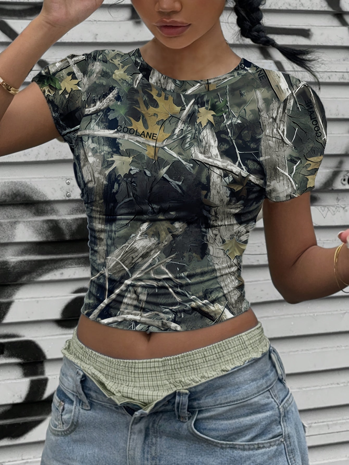 Women's Vintage Camo Print Crop Top | Round Neck T-Shirt