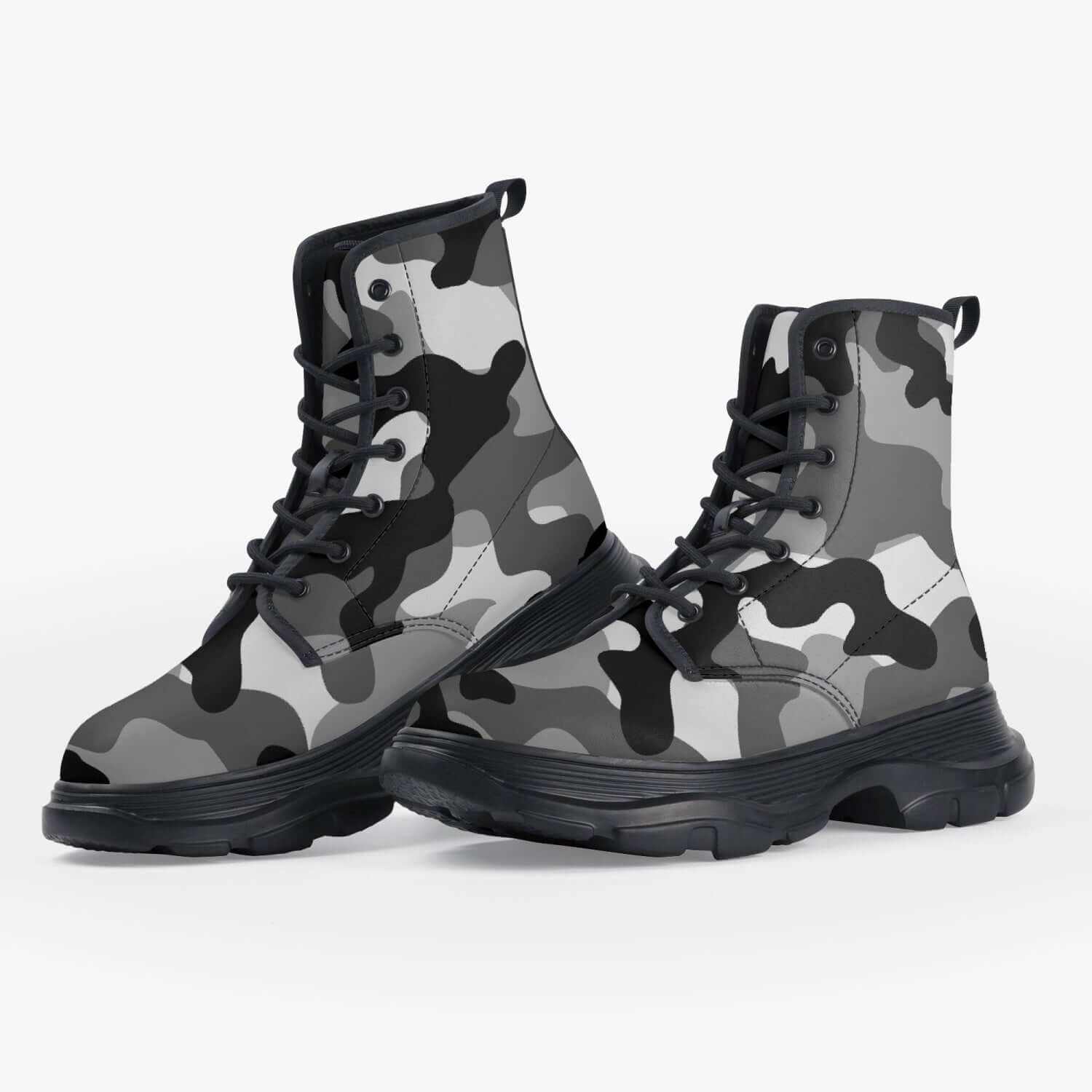 Chunky Boots | Leather in Gray, Black, & White Camouflage