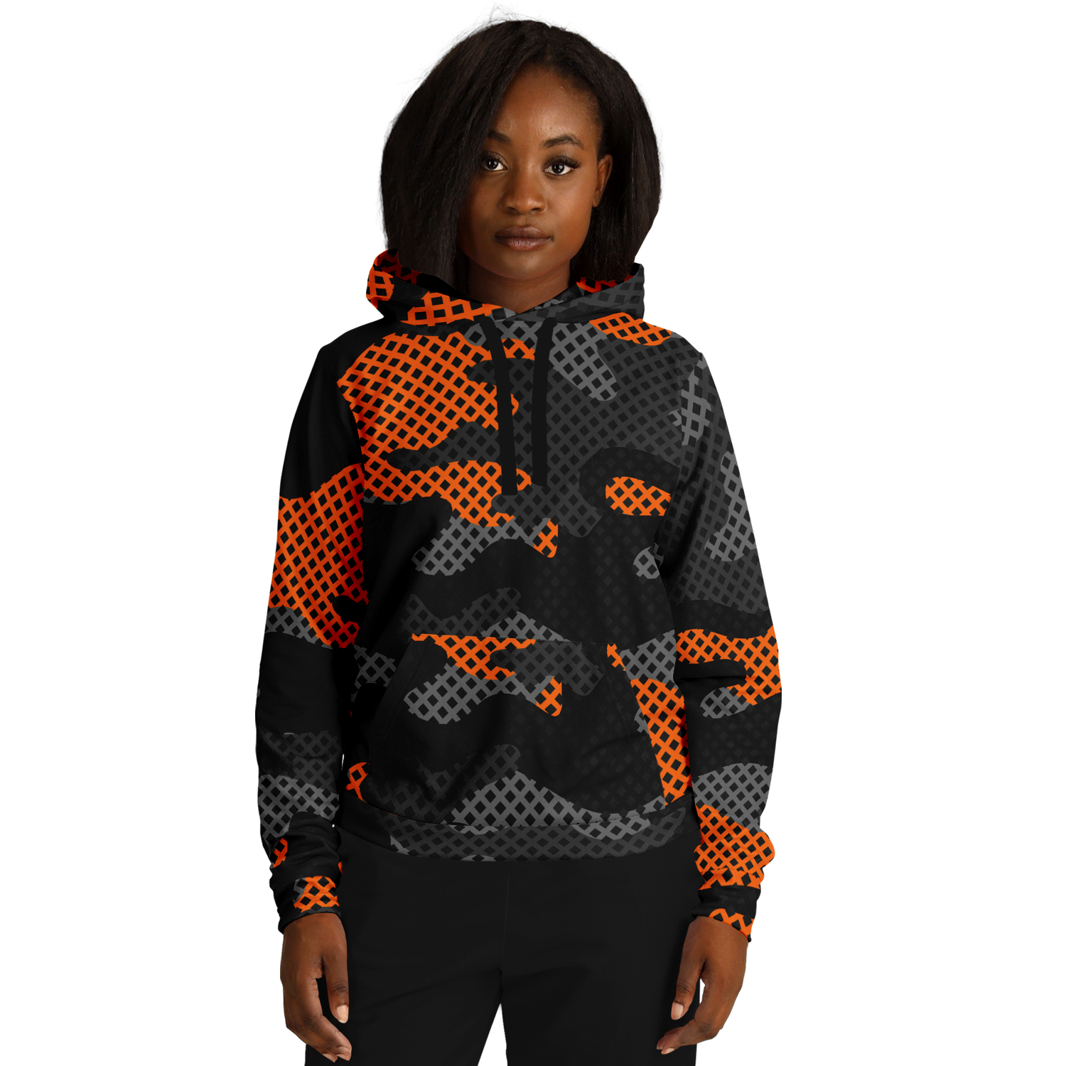 Camo Hoodie | Black & Orange Pixel Camouflage Pullover