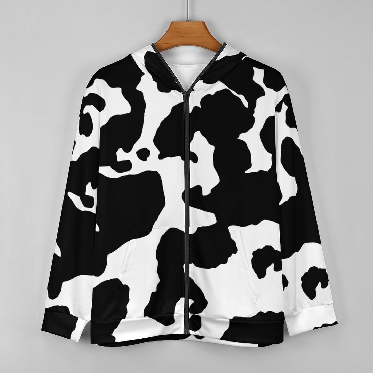 Zip Camo Hoodie | Black & White Cow Camouflage T